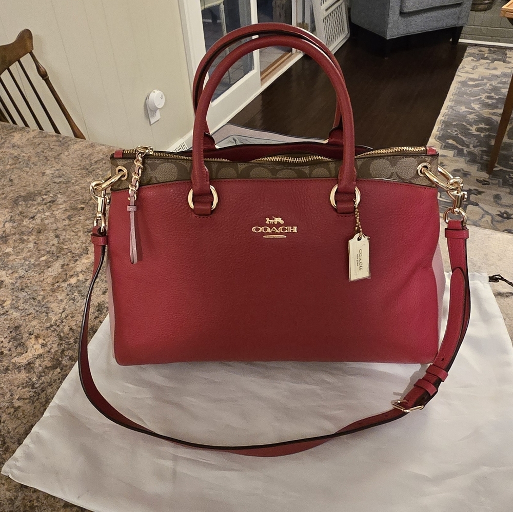 EUC Coach Women's Mia Pebble Red Leather and Colorblock Signature Canvas Handbag